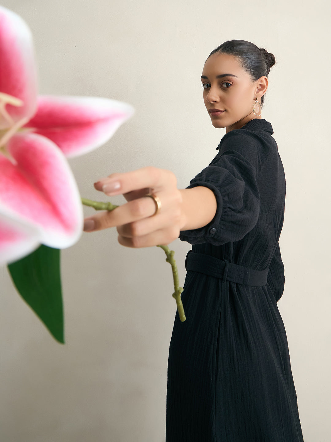 Black Cotton Collar Neck Maxi Dress