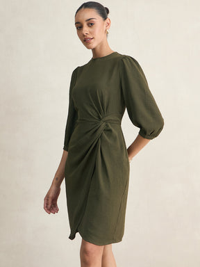 Olive Knotted Knee Length Dress