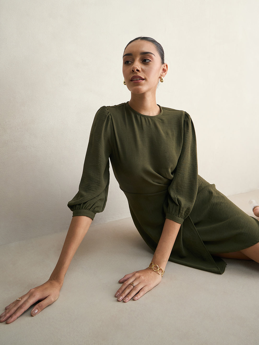 Olive Knotted Knee Length Dress