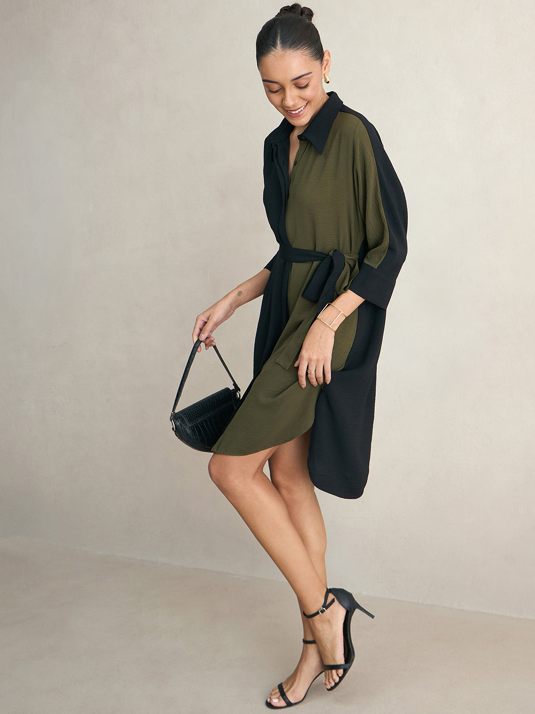 Black And Olive Button Down Midi Dress