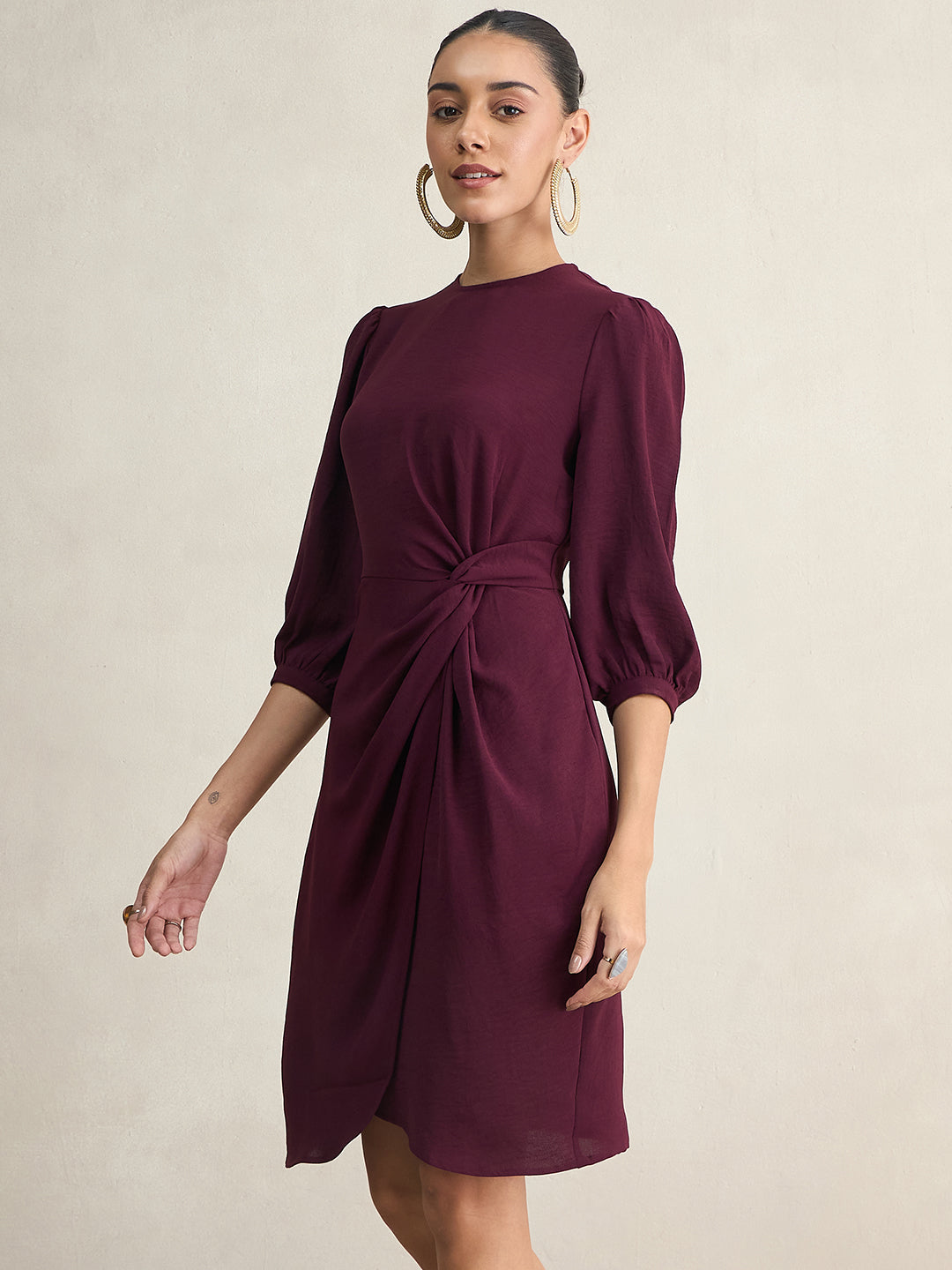 Wine Knotted Knee Length Dress