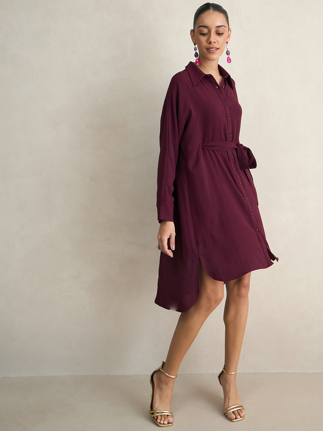 Wine Button Down Shirt Midi Dress