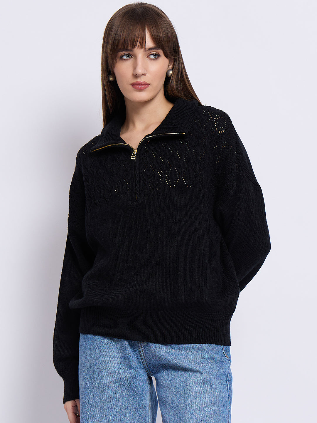 Black High Neck Half Puller Sweater