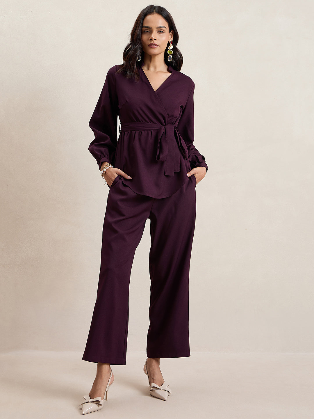 Wine Solid Wrap Co-Ord Set