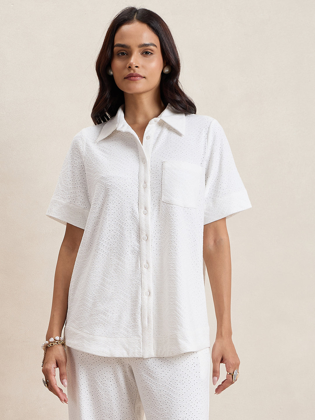 White Knitted Schiffli Button Down Shirt