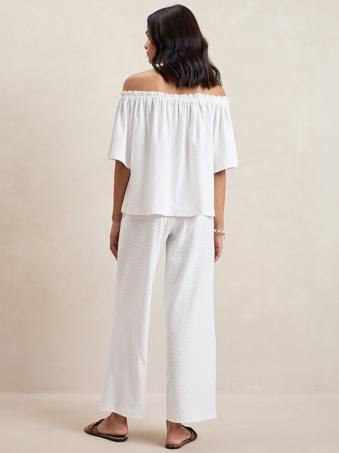 White Knitted Schiffli Off-Shoulder Top