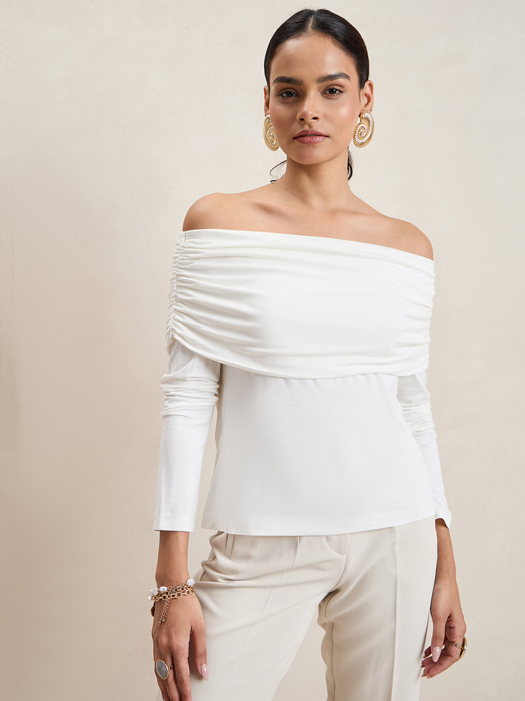 White Knit Bandeau Ruched Detail Top