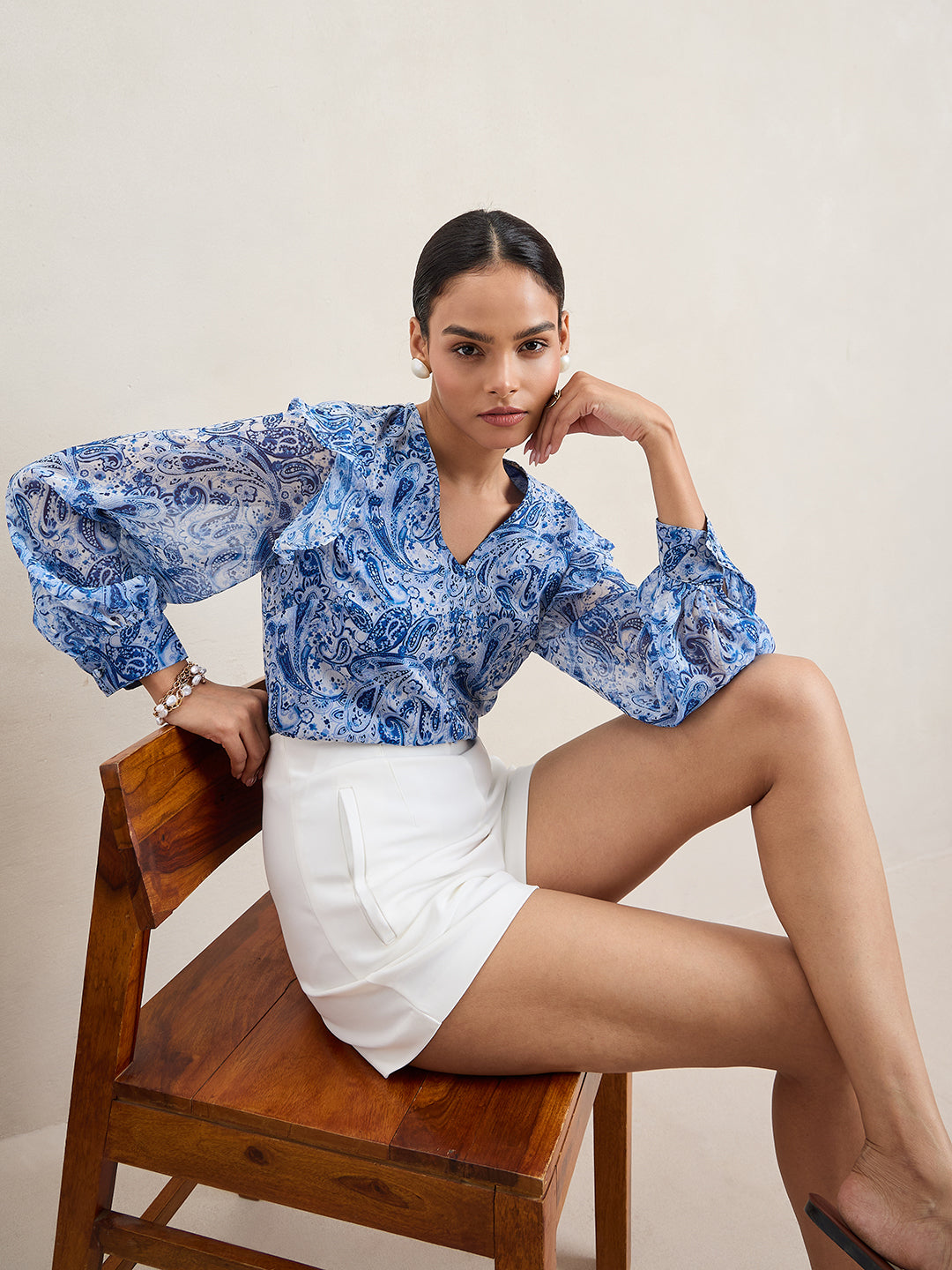 Blue And White Paisley Print Button Down Top