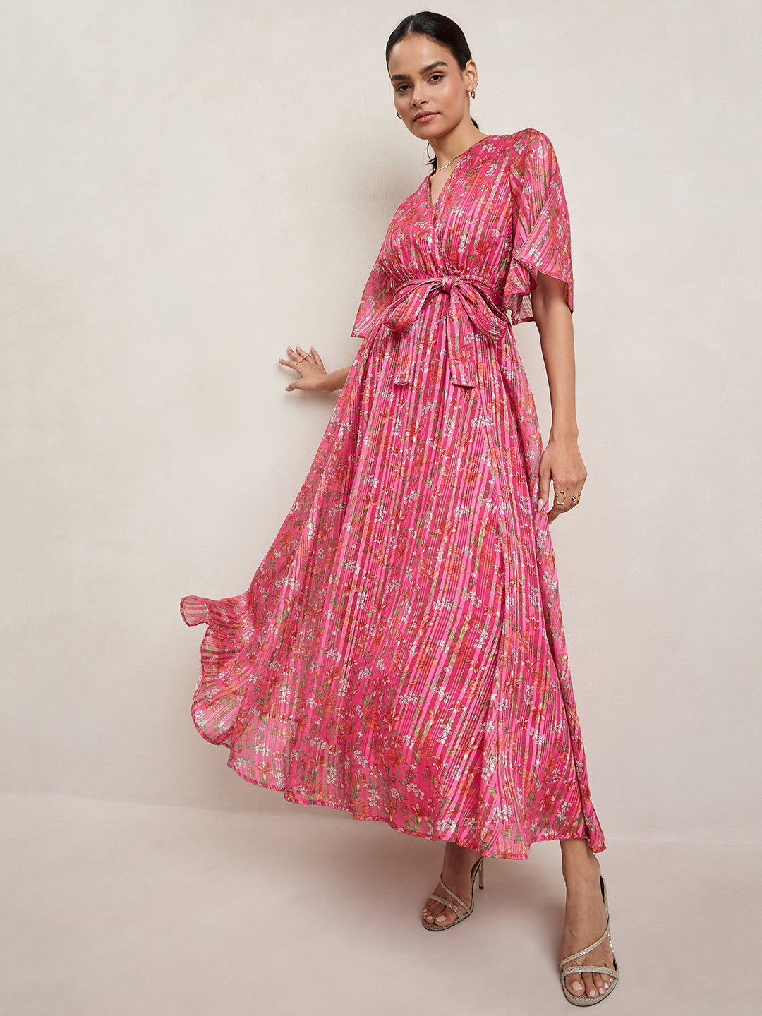 Pink Floral Print Wrap Maxi Dress