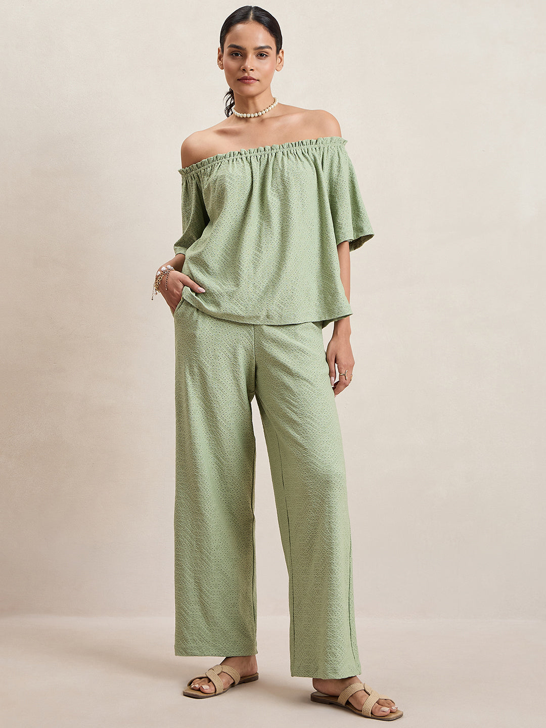 Pista Green Knitted Schiffli Off-Shoulder Top