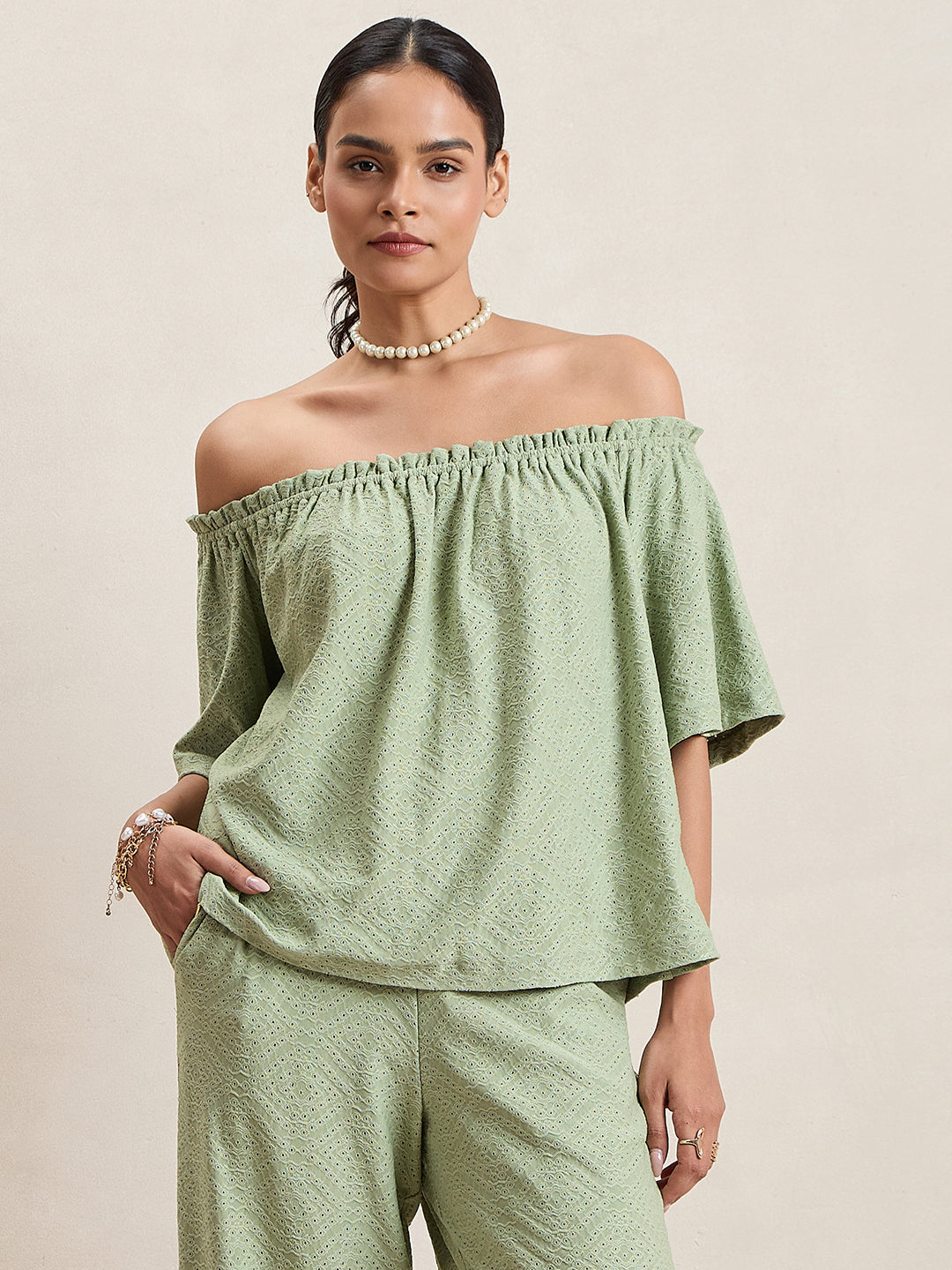 Pista Green Knitted Schiffli Off-Shoulder Top