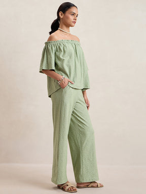 Pista Green Knitted Schiffli Off-Shoulder Top