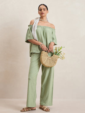 Pista Green Knitted Schiffli Off-Shoulder Top