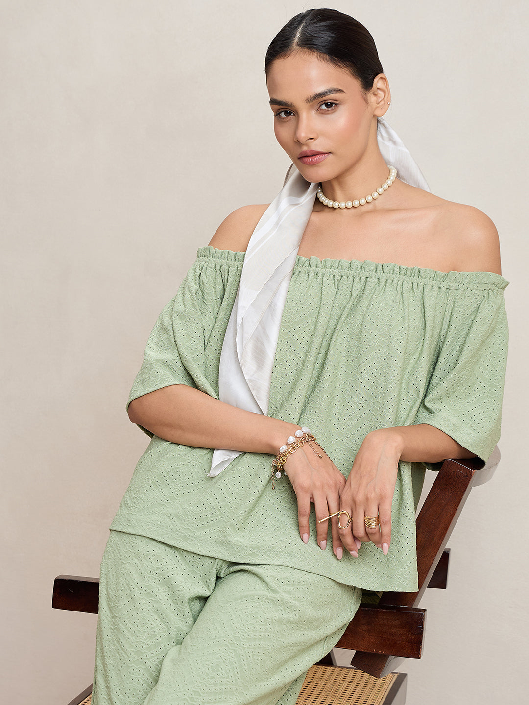 Pista Green Knitted Schiffli Off-Shoulder Top