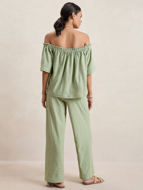 Pista Green Knitted Schiffli Off-Shoulder Top