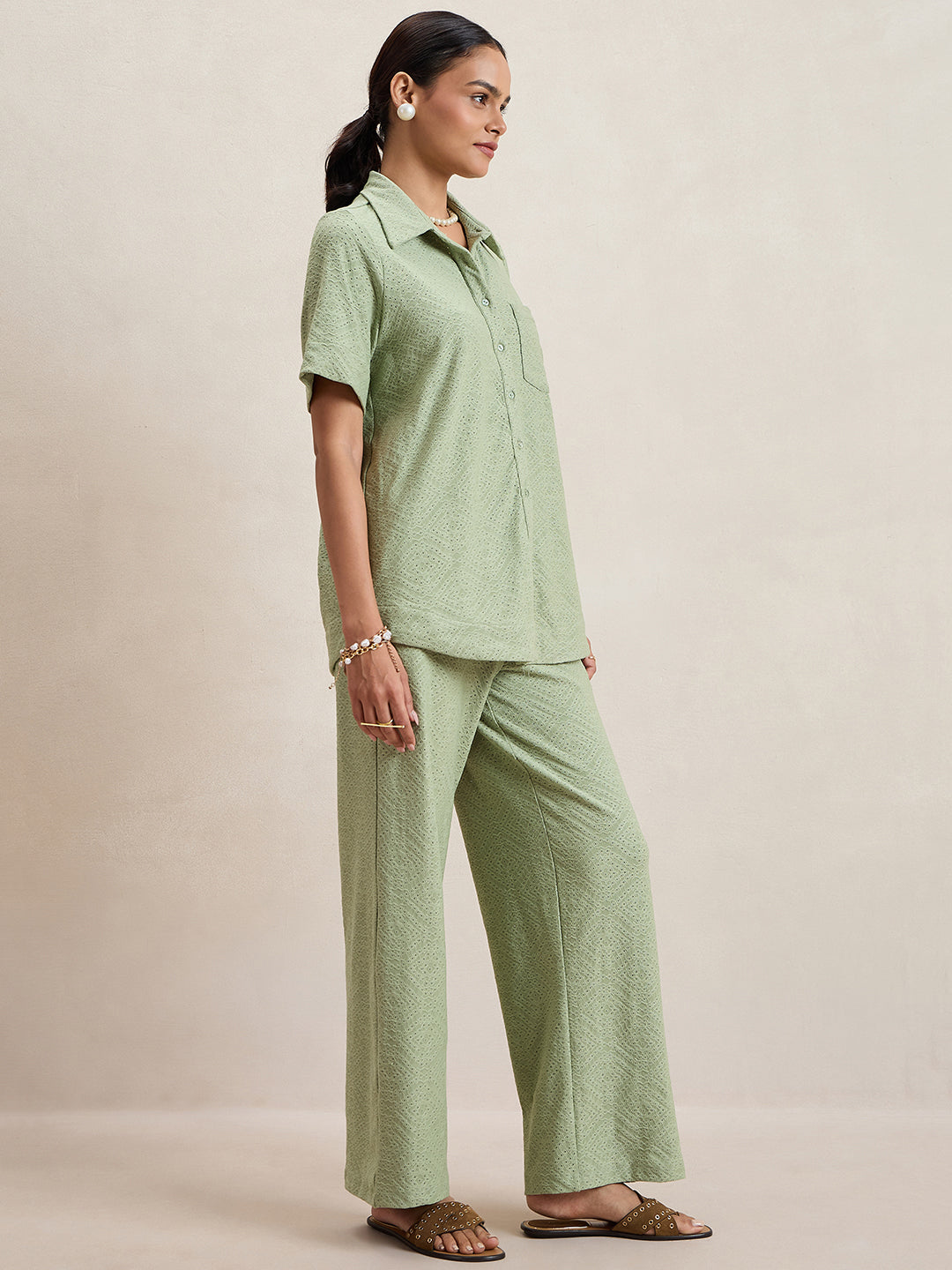 Pista Green Knitted Schiffli Button Down Shirt