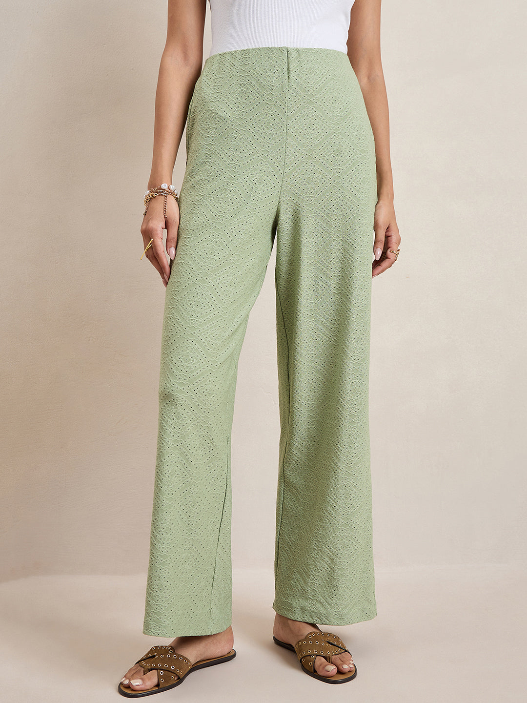 Pista Green Knitted Schiffli Straight Pant