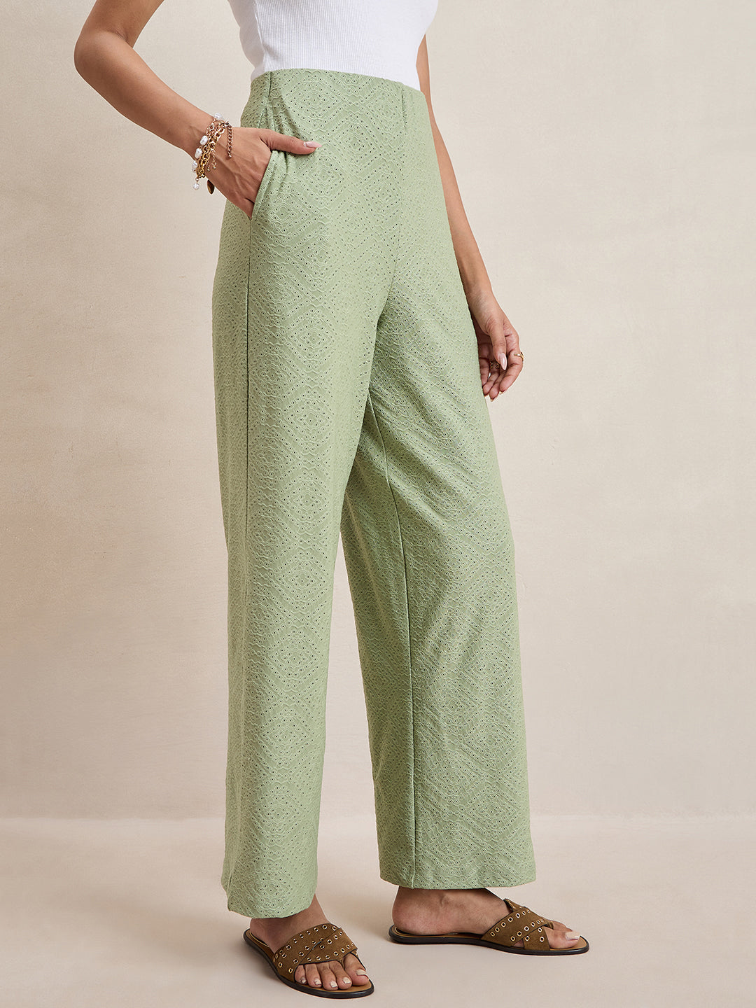 Pista Green Knitted Schiffli Straight Pant