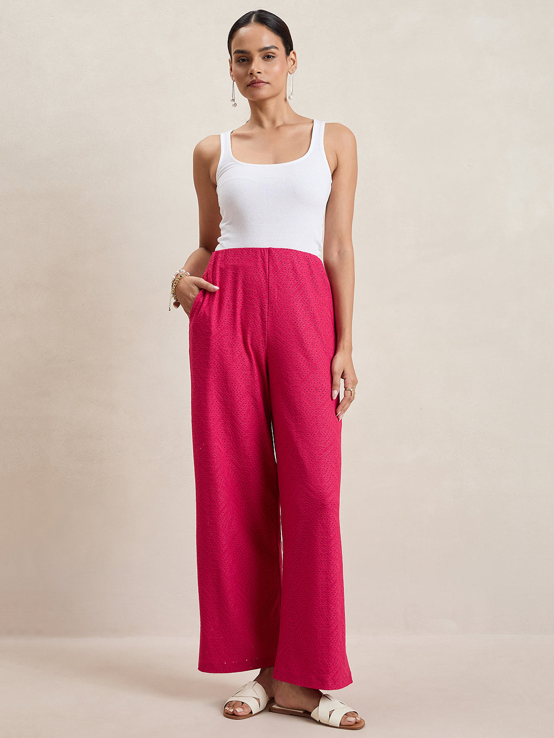 Pink Knitted Schiffli Straight Pant