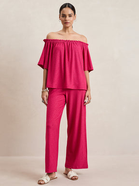 Pink Knitted Schiffli Off-Shoulder Top