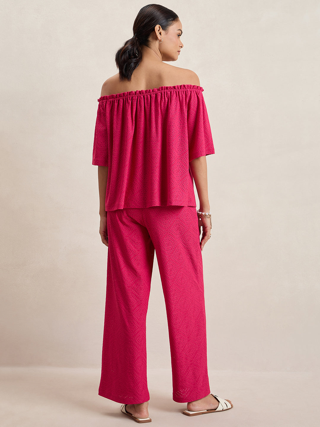 Pink Knitted Schiffli Off-Shoulder Top