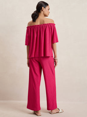 Pink Knitted Schiffli Off-Shoulder Top