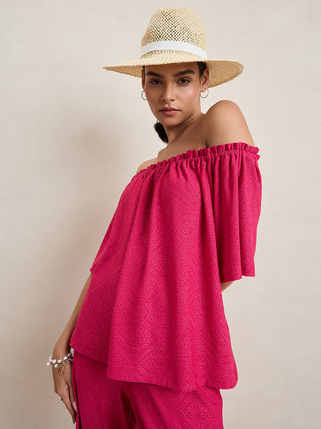 Pink Knitted Schiffli Off-Shoulder Top