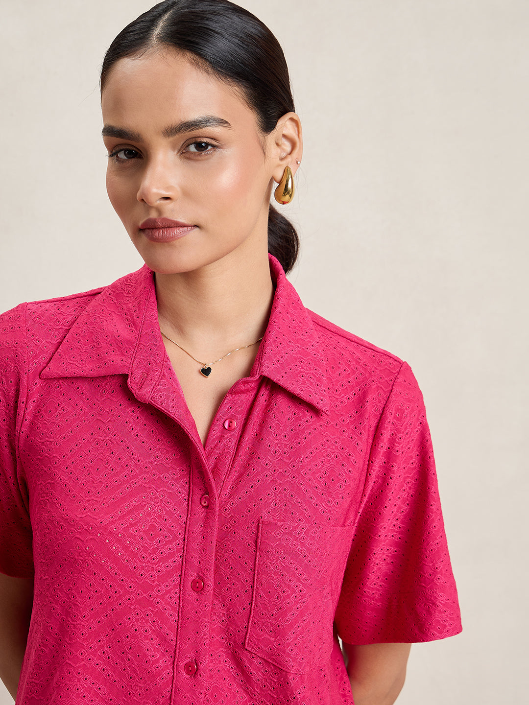 Pink Knitted Schiffli Button Down Shirt