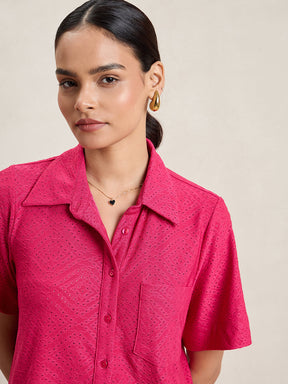 Pink Knitted Schiffli Button Down Shirt