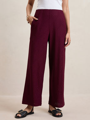 Wine Knitted Schiffli Straight Pant