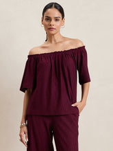 Wine Knitted Schiffli Off-Shoulder Top