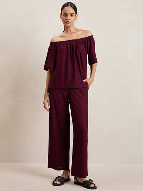 Wine Knitted Schiffli Off-Shoulder Top