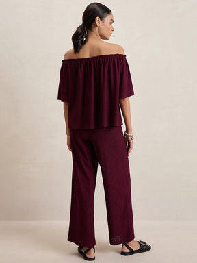 Wine Knitted Schiffli Off-Shoulder Top