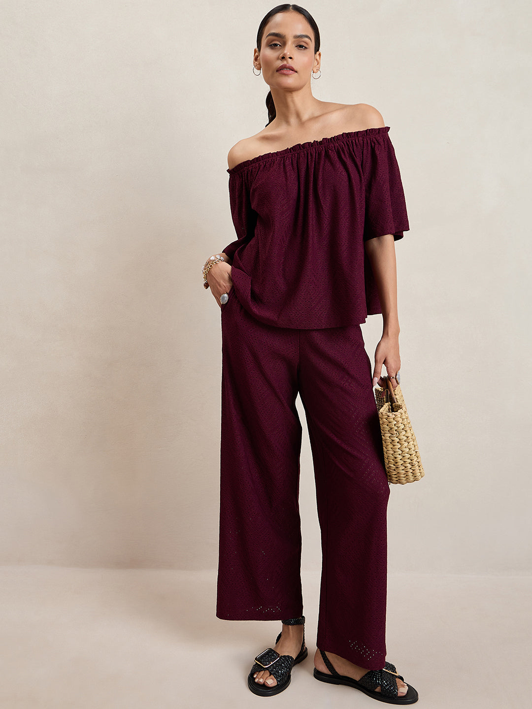 Wine Knitted Schiffli Off-Shoulder Top