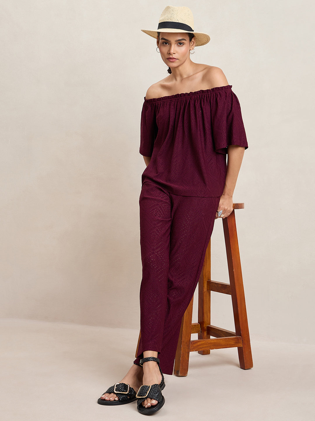 Wine Knitted Schiffli Off-Shoulder Top