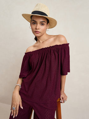 Wine Knitted Schiffli Off-Shoulder Top