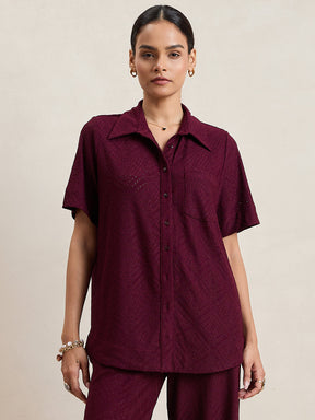 Wine Knitted Schiffli Button Down Shirt