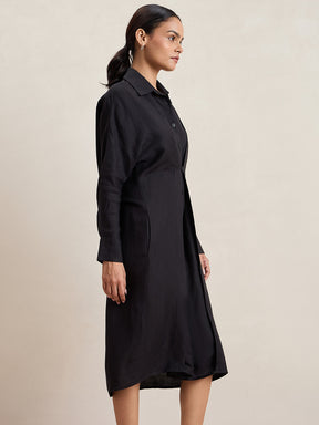 Black Linen Button Down Midi Dress