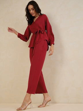 Red Solid Wrap Co-Ord Set