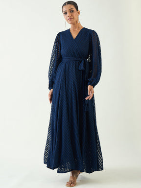 Navy Chevron Dobby Wrap Maxi Dress