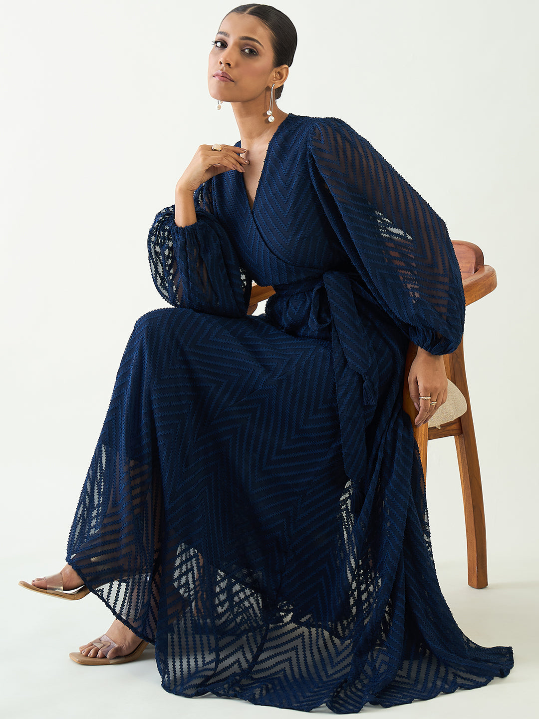 Navy Chevron Dobby Wrap Maxi Dress