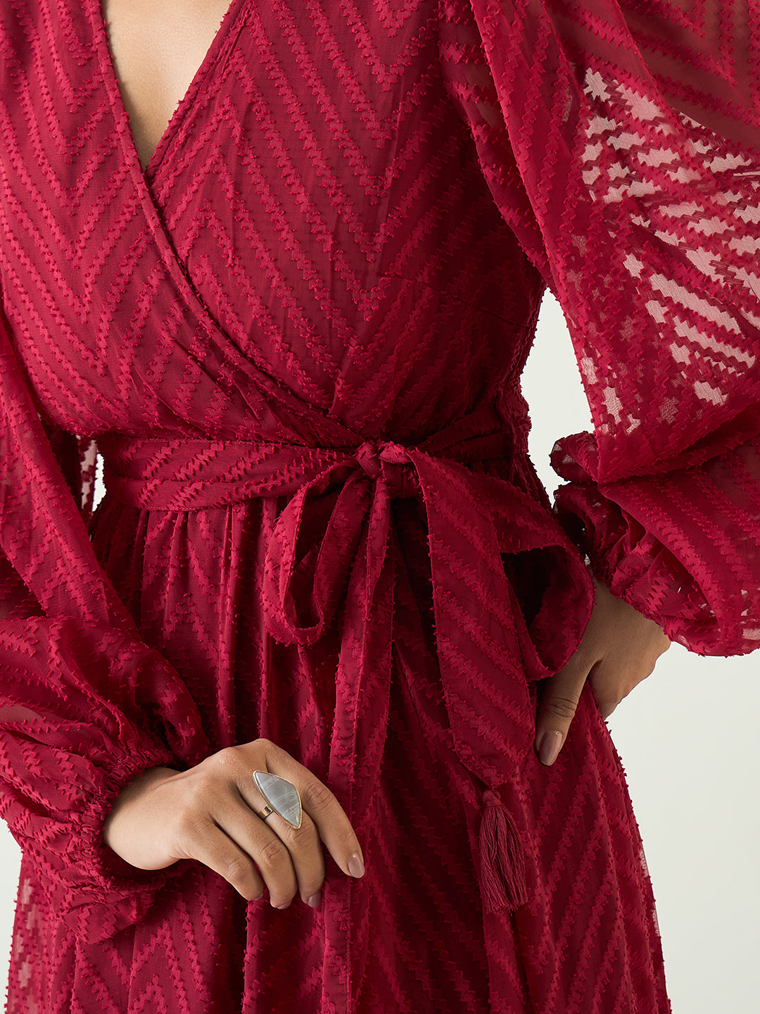 Deep Red Chevron Dobby Wrap Maxi Dress