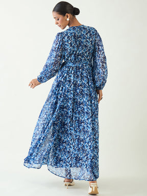 Blue Floral Print Wrap Maxi Dress