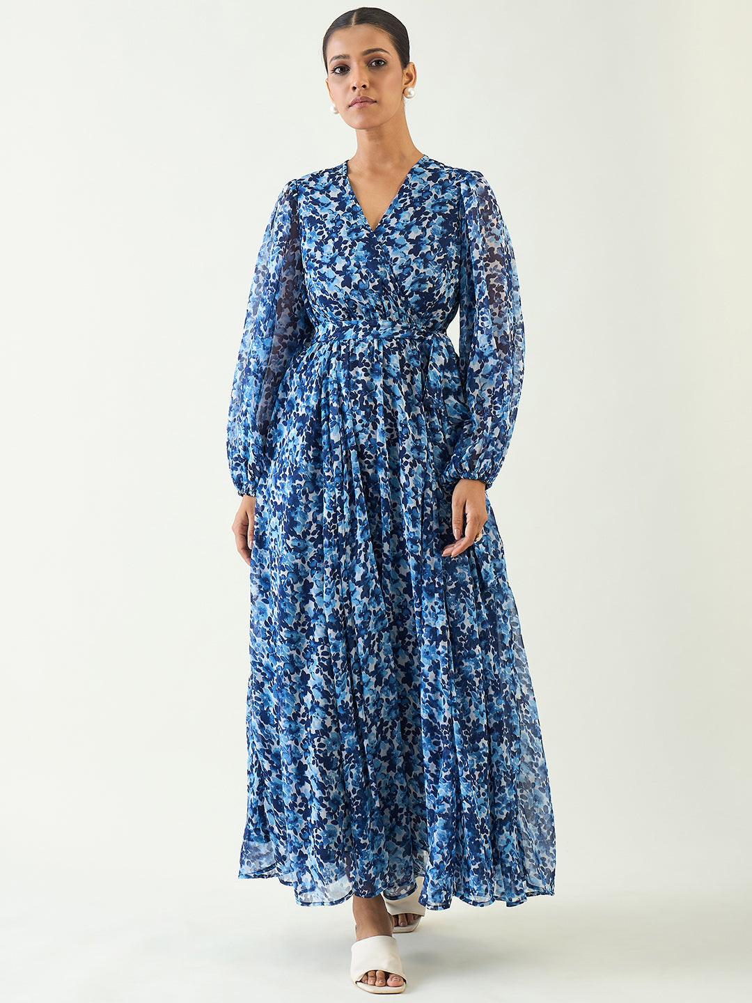 Blue Floral Print Wrap Maxi Dress