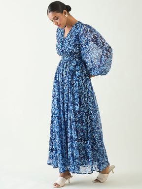 Blue Floral Print Wrap Maxi Dress