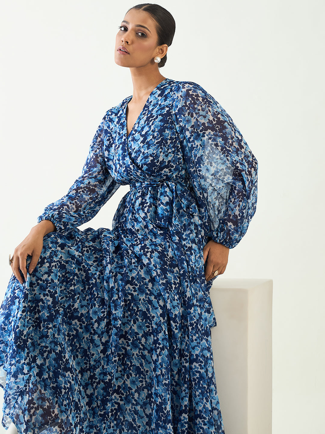 Blue Floral Print Wrap Maxi Dress