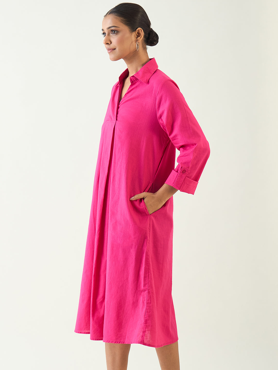 Hot Pink Cotton A Line Midi Dress