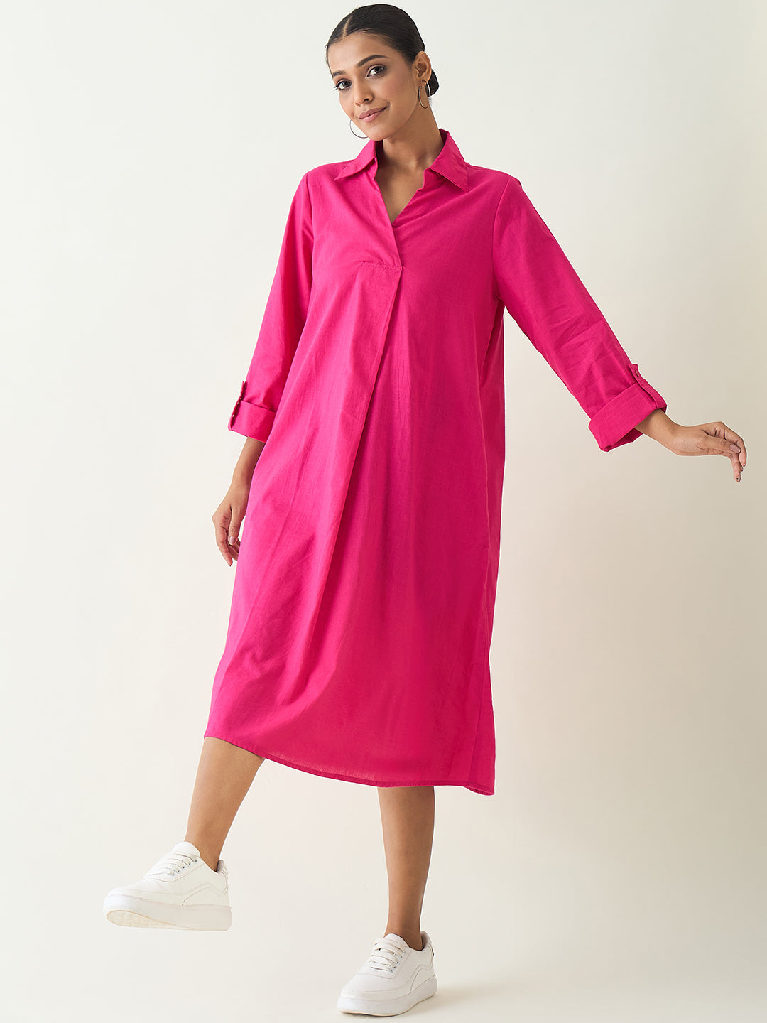 Hot Pink Cotton A Line Midi Dress