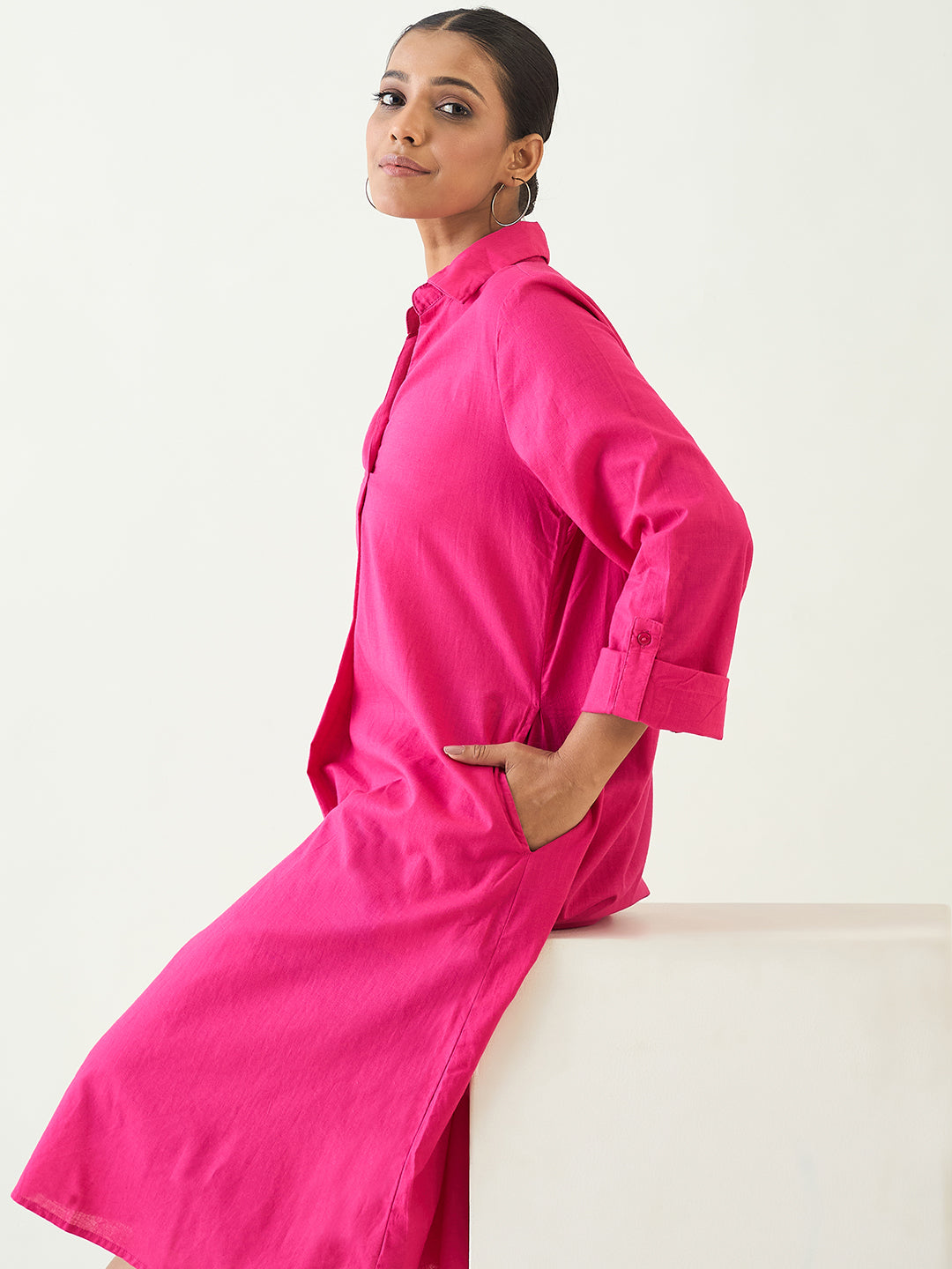 Hot Pink Cotton A Line Midi Dress