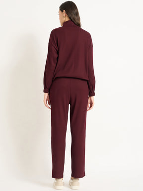 Wine Waffle Knit Zip Up Co-Ord Set